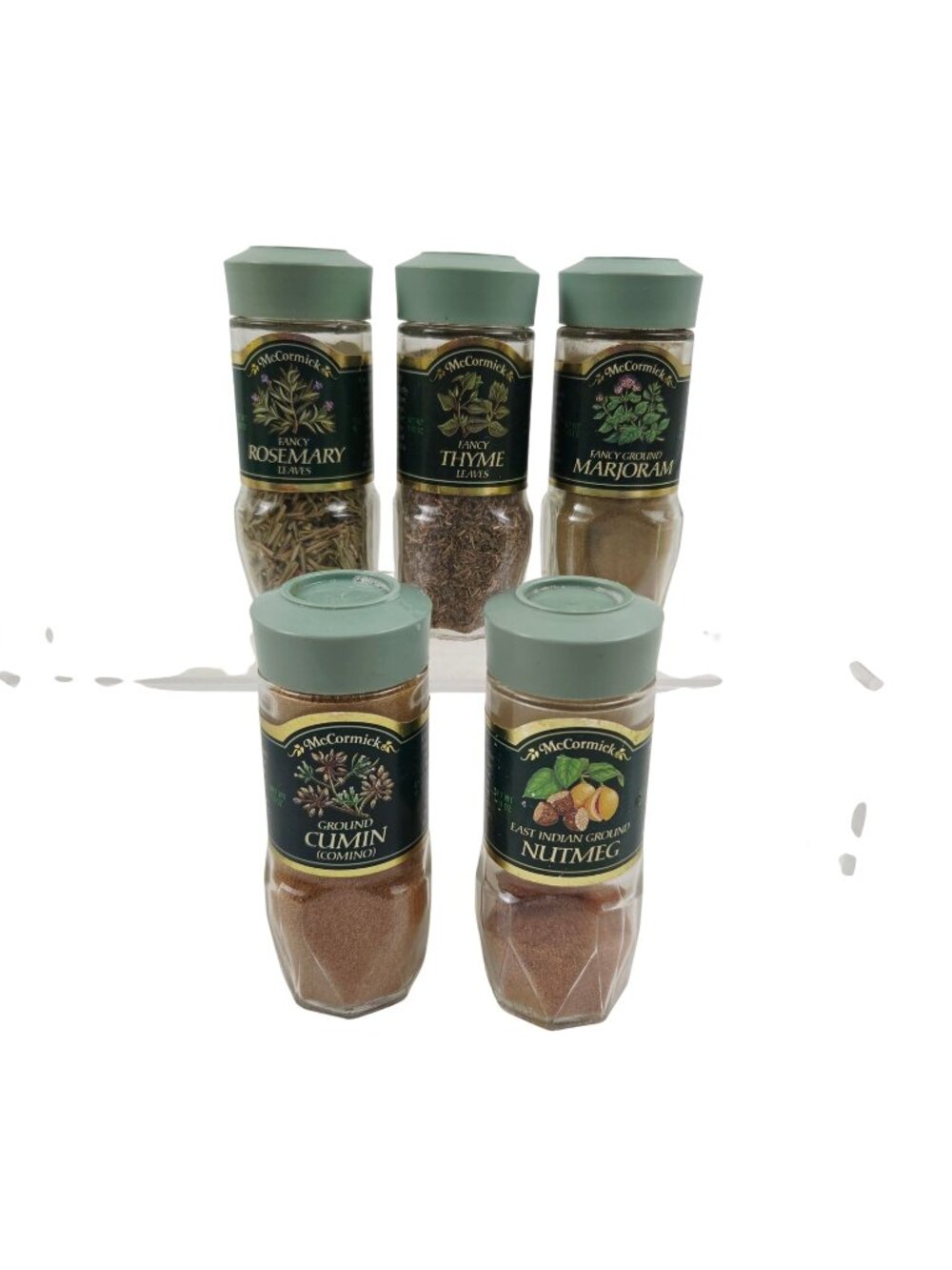 McCormick Spice Jars Thyme Rosemary Marjoram Cumin Nutmeg Vintage Green Lids